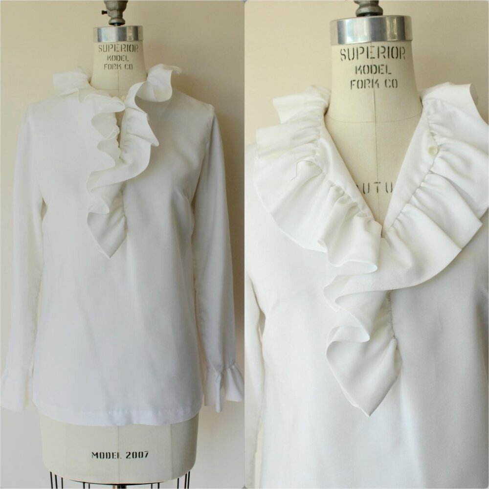 Vintage 1960s Blouse, Teddi of California White Ruffle Collar Top, Zipper Back